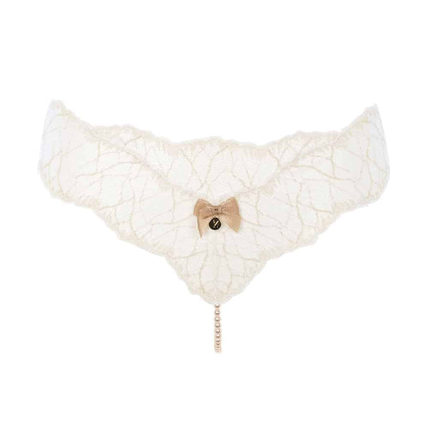 G-String avec perles stimulantes en dentelle ivoire collection SYDNEY avec petit noeud sur le devant BRACLI chez Brigade Mondaine