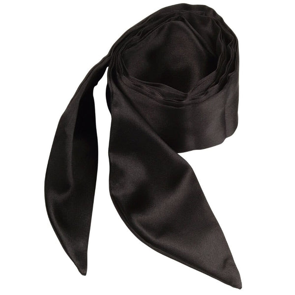 Set BDSM en cuir noir composé de liens ajustables avec anneaux dorés, d’un bandeau en tissu satiné et d’une plume noire montée sur manche doré, présenté sur fond blanc dans une esthétique épurée.
