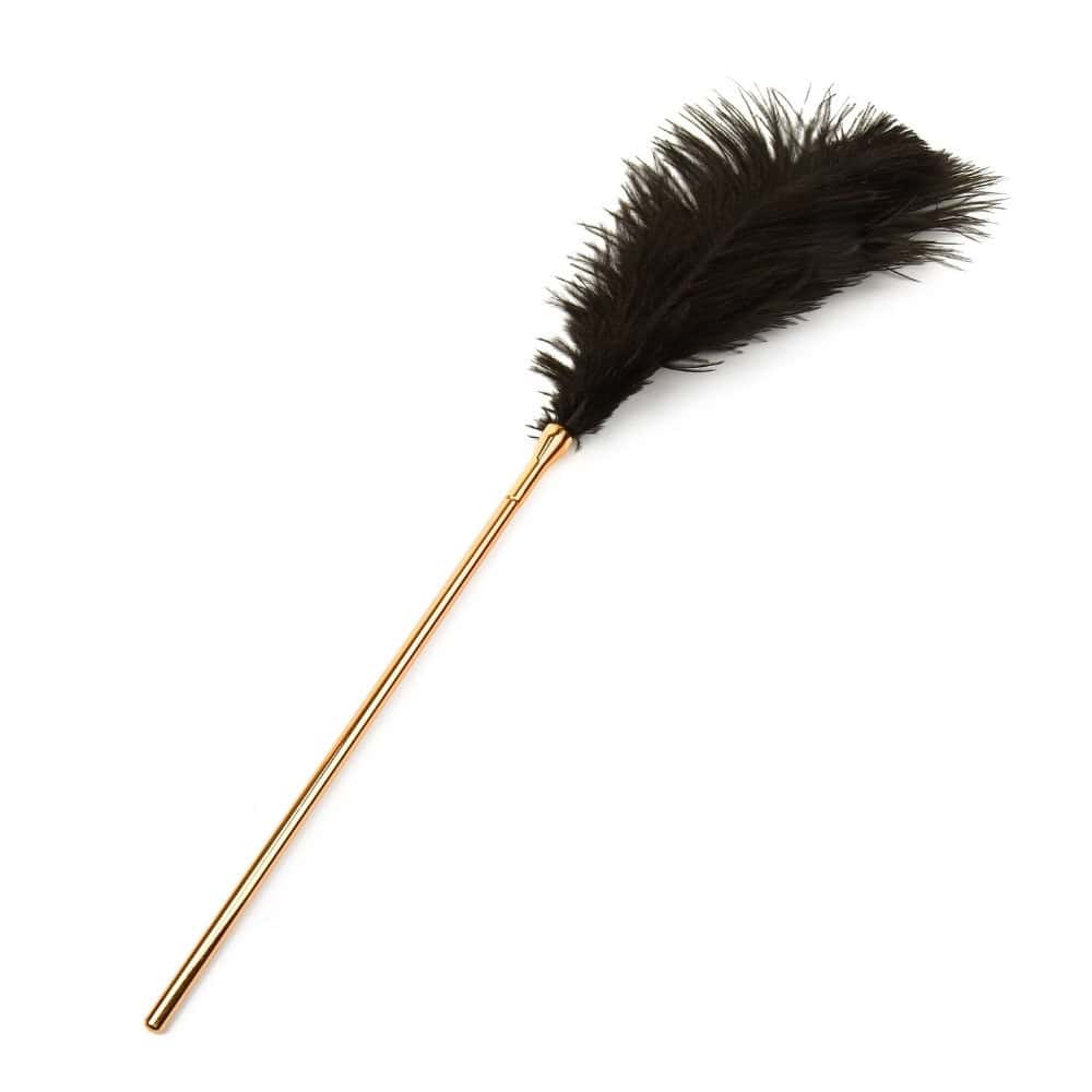 Set BDSM en cuir noir composé de liens ajustables avec anneaux dorés, d’un bandeau en tissu satiné et d’une plume noire montée sur manche doré, présenté sur fond blanc dans une esthétique épurée.