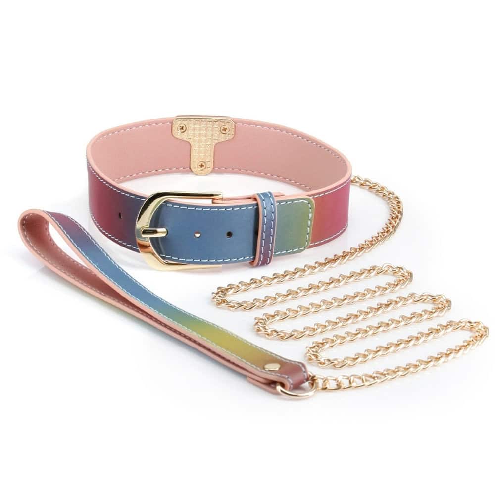 Collier BDSM en cuir multicolore Rainbow avec bouclerie dorée et laisse assortie à chaîne métallique, présenté sur fond blanc dans une esthétique élégante et soignée.