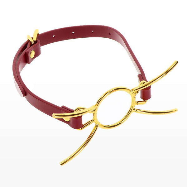 Packshot du Dessus d'un Bâillon Bouche Ouverte en Cuir Synthétique Rouge et Métal Or