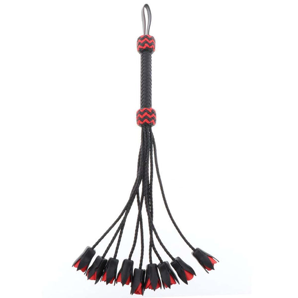 Fouet en cuir véritable Lanières en forme de roses poignée tressée avec détails rouges