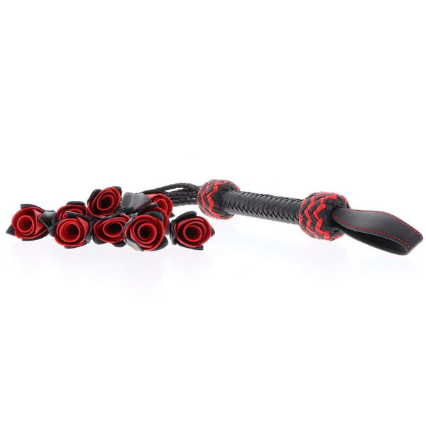 Fouet en cuir véritable Lanières en forme de roses poignée tressée avec détails rouges