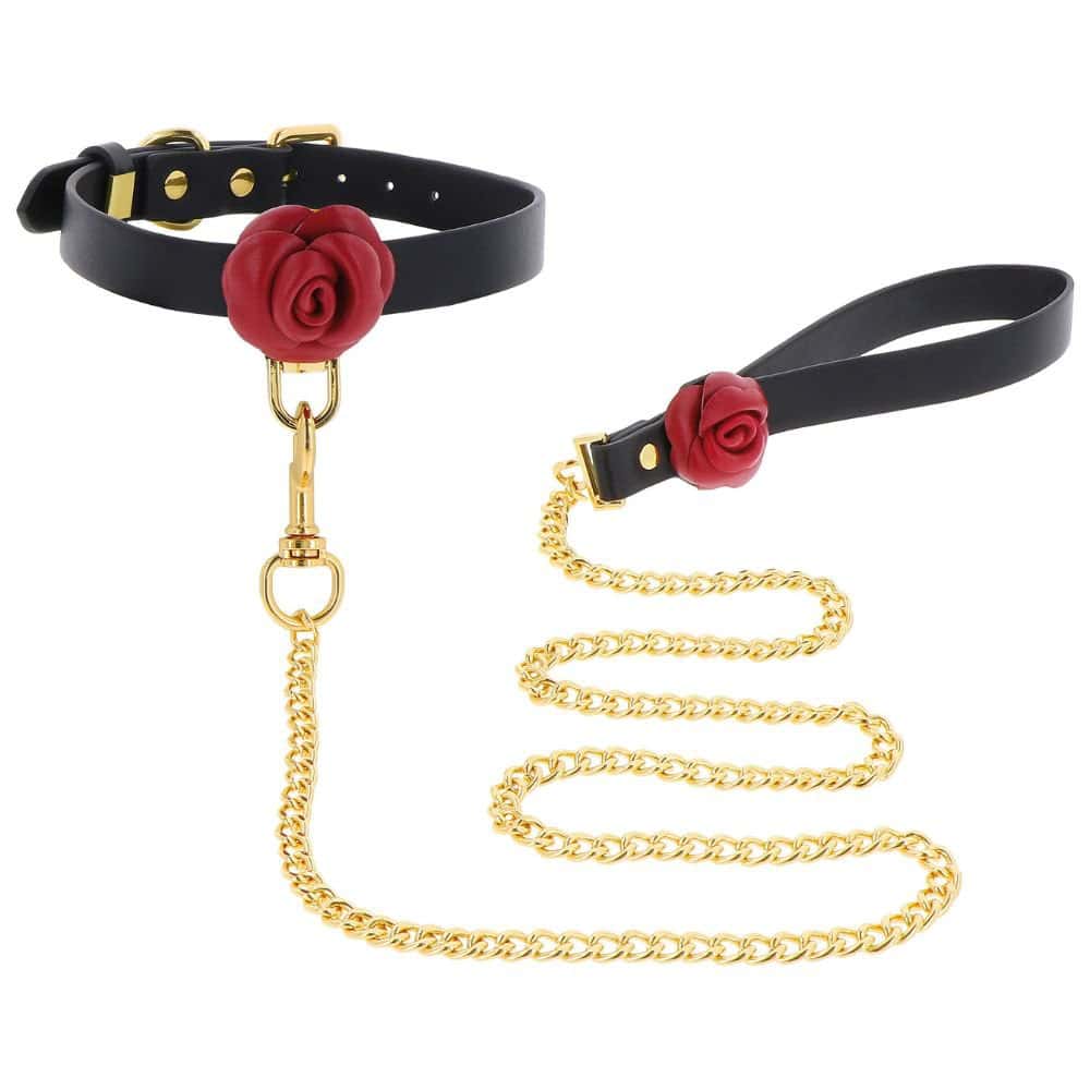 Collier et Laisse en Cuir Noir Fabriqué en similicuir souple Noir et sublimé par une rose Rouge en cuir véritable et Laisse en similicuir souple Noir avec un Détails rose Rouge et Chaîne Dorée en Métal sans nickel