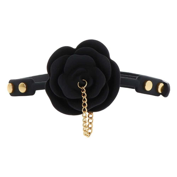 Baîllon Cuir Noir GAG En forme de Rose en Silicone et Chaîne Dorée