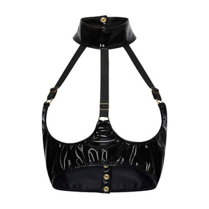 Modèle portant un soutien-gorge ouvert en Datex noir avec lanières structurées et col montant, présenté par Brigade Mondaine Paris sur fond clair.