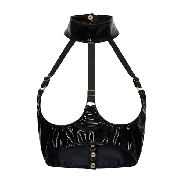 Modèle portant un soutien-gorge ouvert en Datex noir avec lanières structurées et col montant, présenté par Brigade Mondaine Paris sur fond clair.
