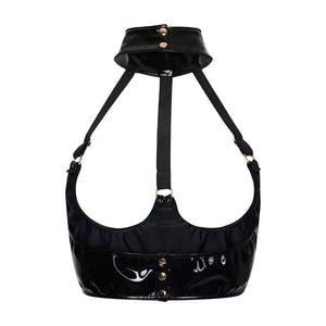 Modèle portant un soutien-gorge ouvert en Datex noir avec lanières structurées et col montant, présenté par Brigade Mondaine Paris sur fond clair.