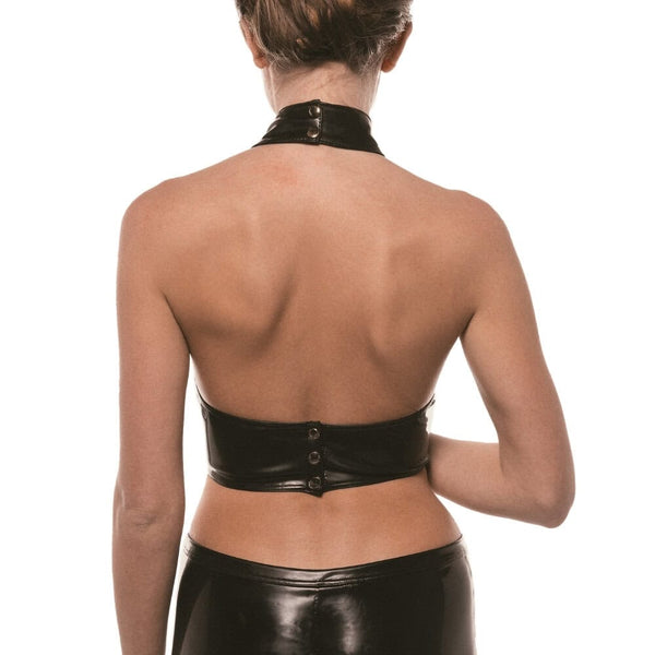 Modèle portant un soutien-gorge ouvert en Datex noir avec lanières structurées et col montant, présenté par Brigade Mondaine Paris sur fond clair.