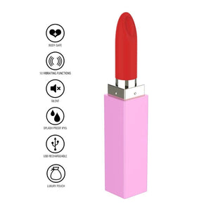 Stimulateur clitoridien compact en forme de rouge à lèvres, 10 modes de vibration, trois embouts interchangeables, rechargeable et étanche IPX5.