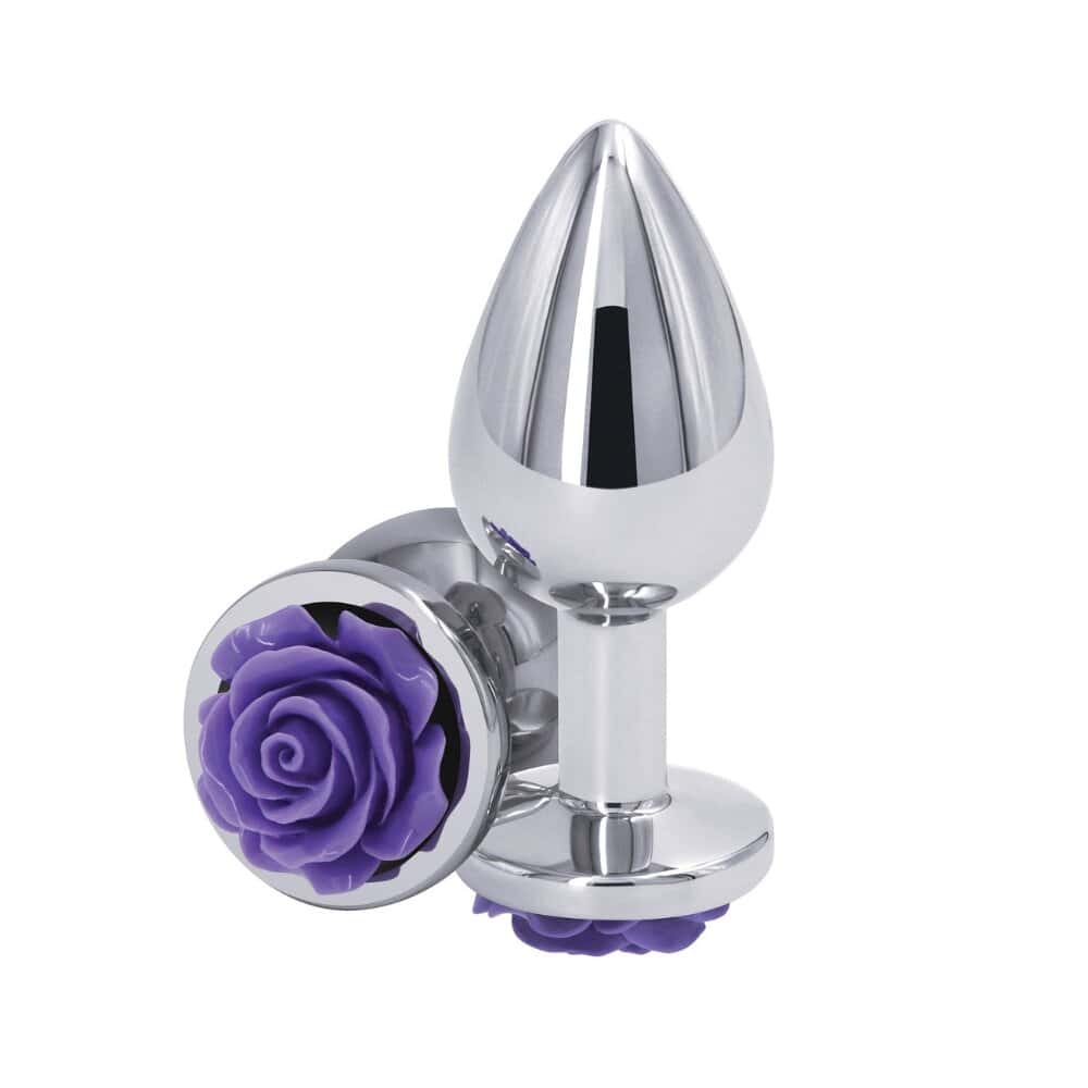 Plug Anal en aluminium léger plaqué chrome Argenté avec Détail Rose Mauve sur base