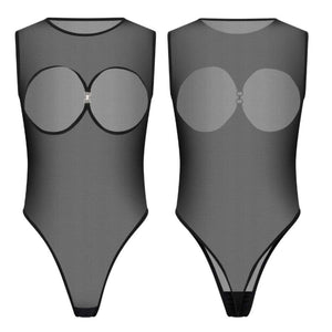Body en résille noire transparente avec découpe à la poitrine et caches-tétons intégrés.