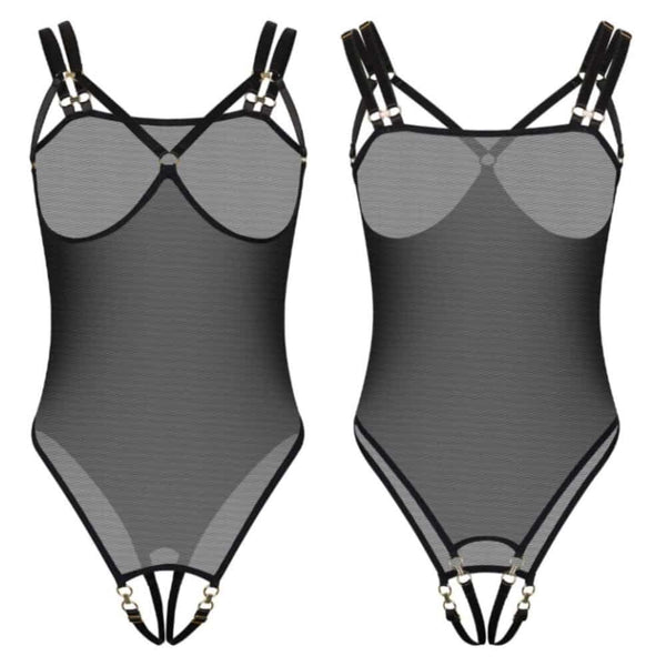 Modèle portant un body ouvert en mesh noir avec harnais fin et coupe échancrée, présenté par Brigade Mondaine Paris.