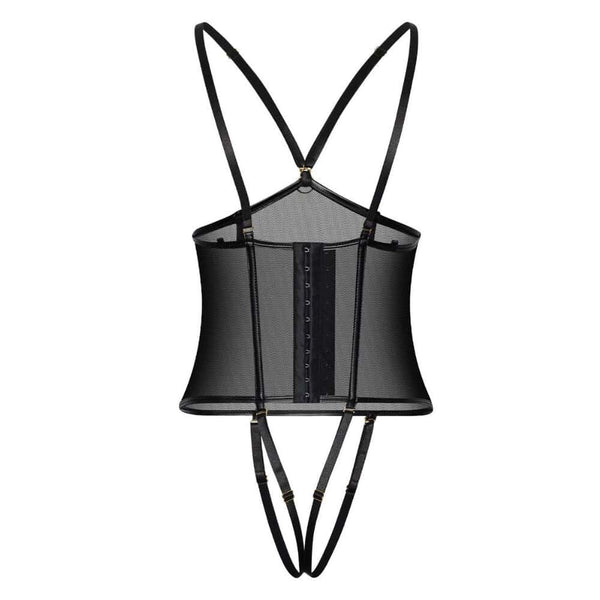 Body corset noir en mesh et résille avec jeux de lanières et porte-jarretelles.