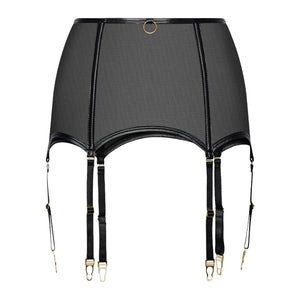 Porte-jarretelles large en mesh noir avec anneaux dorés et quatre sangles réglables.
