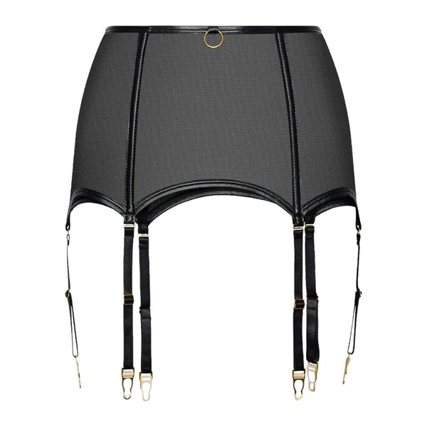 Porte-jarretelles large en mesh noir avec anneaux dorés et quatre sangles réglables.