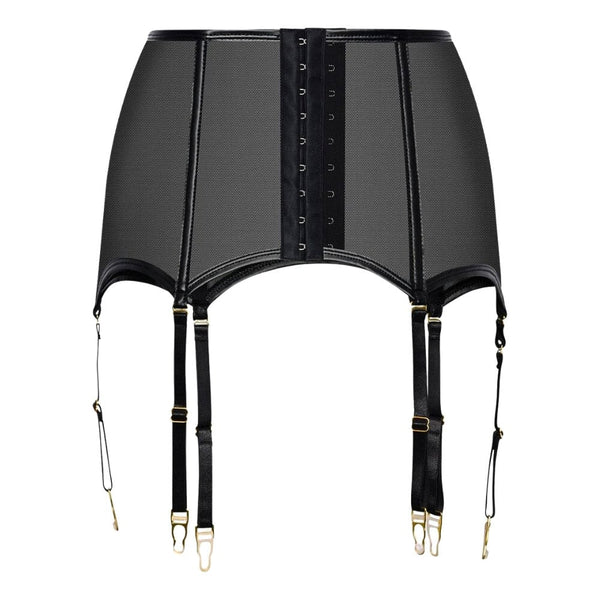 Porte-jarretelles large en mesh noir avec anneaux dorés et quatre sangles réglables.