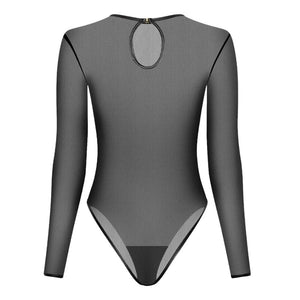 Body à manches longues en mesh noir transparent avec col rond et coupe échancrée.
