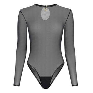 Body à manches longues en mesh noir transparent avec col rond et coupe échancrée.