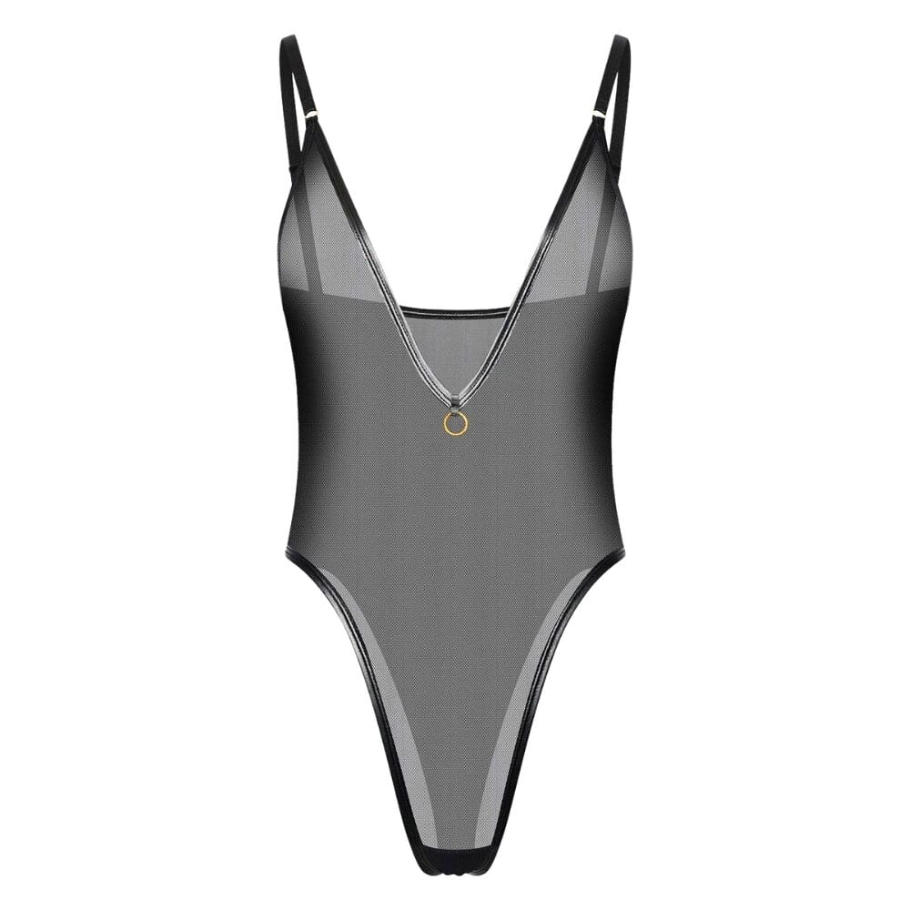 Body noir en mesh transparent avec décolleté plongeant et anneau doré.