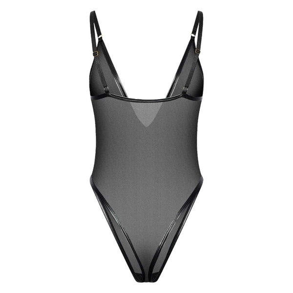 Body noir en mesh transparent avec décolleté plongeant et anneau doré.