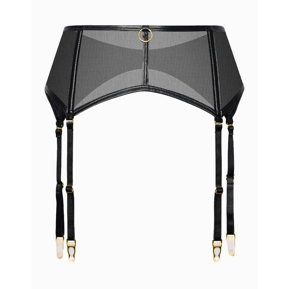 Porte-jarretelles large en mesh noir avec anneaux dorés et quatre sangles réglables.