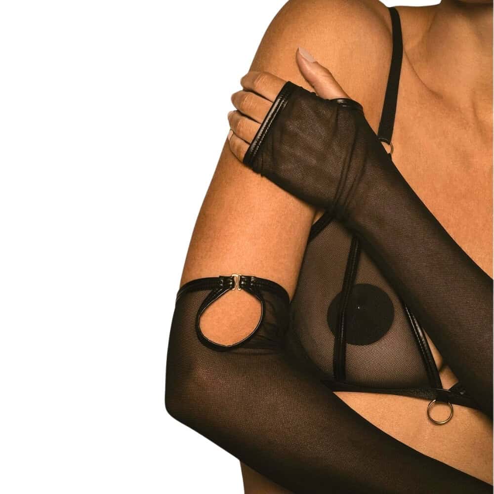 Gants longs opéra en mesh noir transparent avec ouverture pour le pouce.