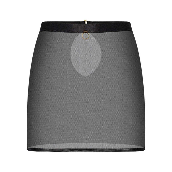 Mini-jupe en tulle noir transparent avec ouverture au dos et détail lanière.
