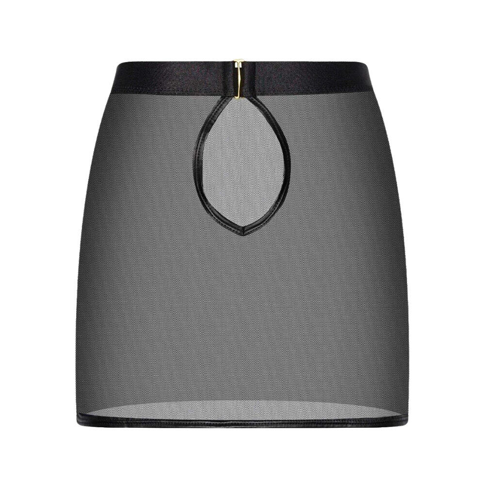 Mini-jupe en tulle noir transparent avec ouverture au dos et détail lanière.