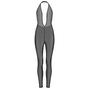 Combinaison intégrale en mesh gris transparent avec décolleté plongeant.