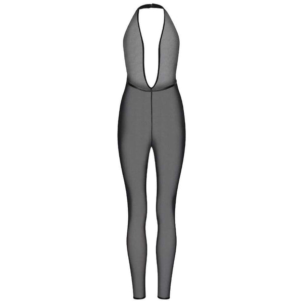 Combinaison intégrale en mesh gris transparent avec décolleté plongeant.