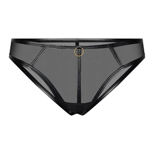Culotte taille basse en mesh noir transparent avec anneau doré.