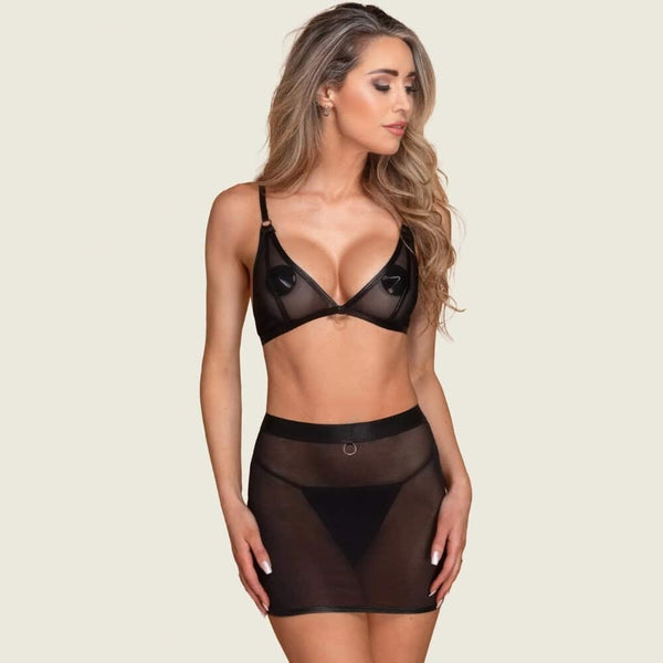 Mini-jupe en tulle noir transparent avec ouverture au dos et détail lanière.