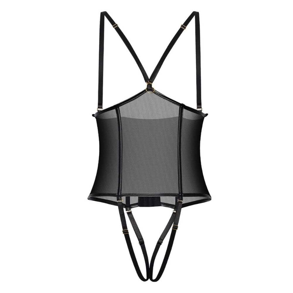 Body corset noir en mesh et résille avec jeux de lanières et porte-jarretelles.