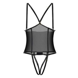 Body corset noir en mesh et résille avec jeux de lanières et porte-jarretelles.