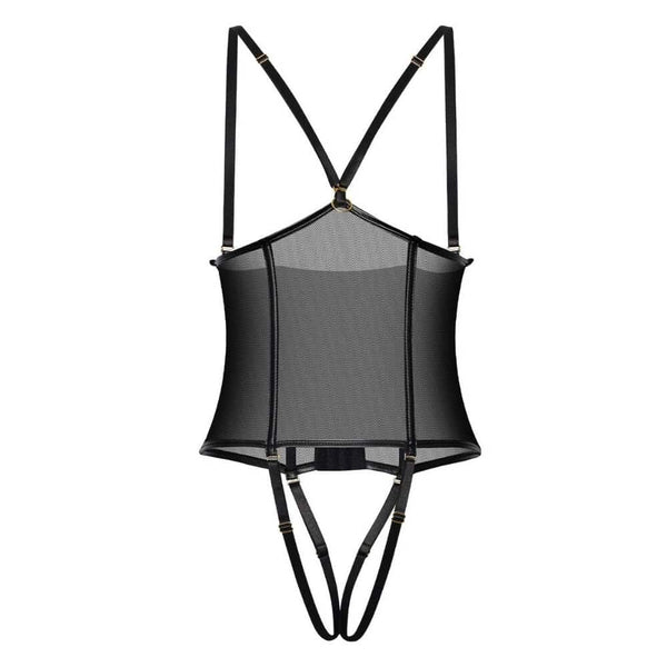 Body corset noir en mesh et résille avec jeux de lanières et porte-jarretelles.