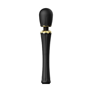 Packshot Wand Vibromasseur Noir en Silicone et palstique ABS Résiste aux éclaboussures 5 modes de vibration avec deux embouts en silicone inclus