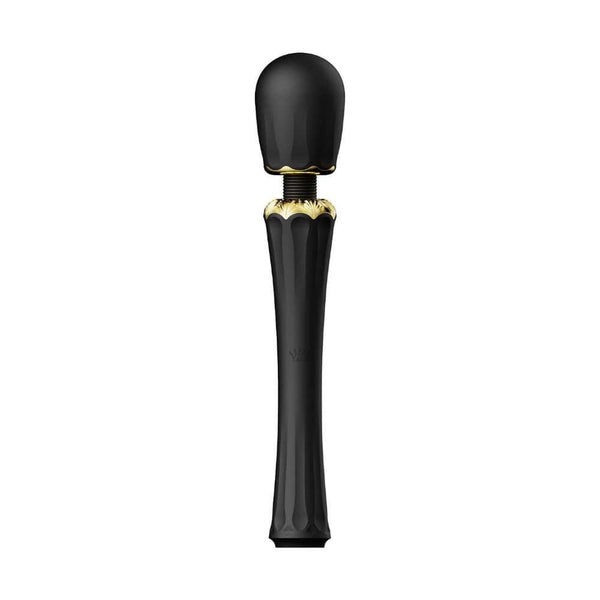 Packshot Wand Vibromasseur Noir en Silicone et palstique ABS Résiste aux éclaboussures 5 modes de vibration avec deux embouts en silicone inclus