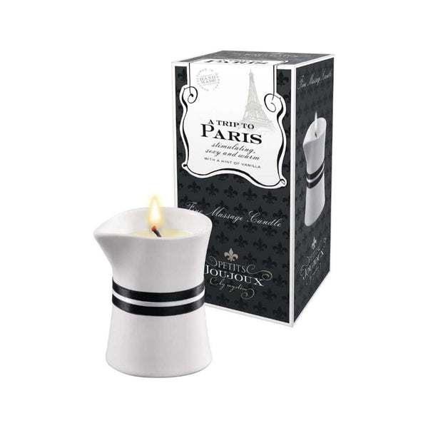 Bougie de massage Paris parfum vanille-santal, cire naturelle fondant en huile nourrissante au karité et jojoba, pour des moments sensuels et raffinés à deux.