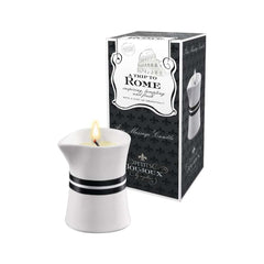 Bougie de massage naturelle pamplemousse-bergamote, transformant sa cire en huile nourrissante au karité et jojoba pour des instants sensuels à deux, hommage à l’intensité romaine.