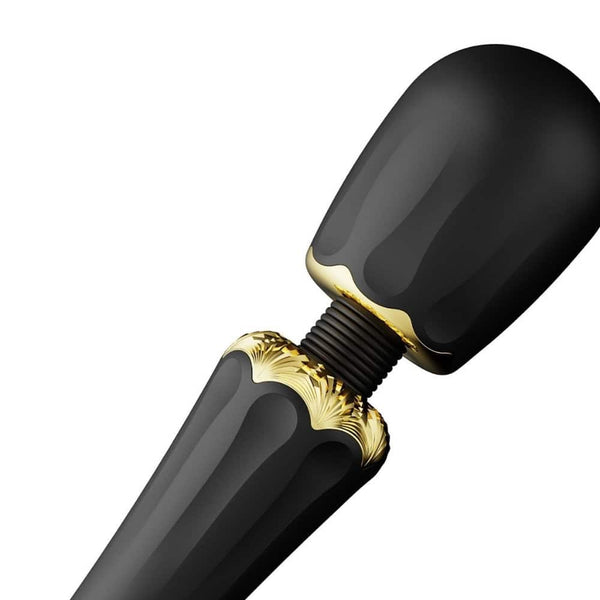 Packshot Wand Vibromasseur Noir en Silicone et palstique ABS Résiste aux éclaboussures 5 modes de vibration avec deux embouts en silicone inclus