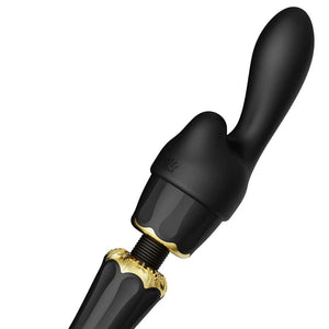 Packshot Wand Vibromasseur Noir en Silicone et palstique ABS Résiste aux éclaboussures 5 modes de vibration avec deux embouts en silicone inclus