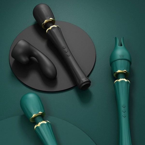 Packshot Wand Vibromasseur Noir en Silicone et palstique ABS Résiste aux éclaboussures 5 modes de vibration avec deux embouts en silicone inclus