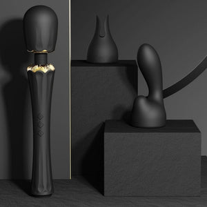 Packshot Wand Vibromasseur Noir en Silicone et palstique ABS Résiste aux éclaboussures 5 modes de vibration avec deux embouts en silicone inclus