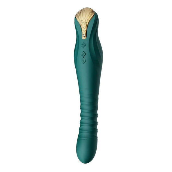 Packshot Vibromasseur Vert en Silicone et plastique ABS combine 8 modes pulsés et 4 modes vibrants dans un design imposant et raffiné il résiste aux éclaboussures