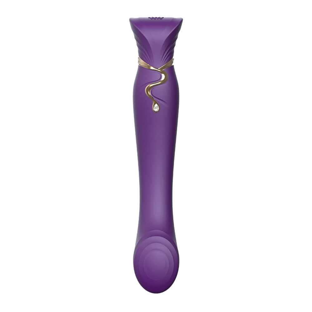 Vibromasseur Queen PulseWave de ZALO, conçu pour stimuler le point G avec une précision de haute technologie. Il combine huit modes vibrants et huit ondes pulsées pour une expérience sensorielle de luxe. Sa silhouette élégante est décorée d'éléments dorés et d'un ornement Swarovski. La fonction chauffante ajoute une dimension supplémentaire au plaisir. Récompensé pour son design raffiné et ses fonctionnalités innovantes, il offre une expérience intime ultime.