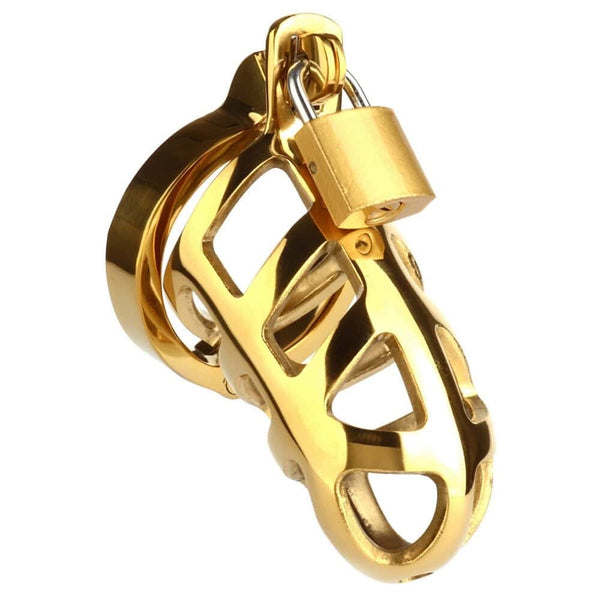 Cage de chasteté fabriquée en acier inoxydable de haute qualité et revêtue d’une finition dorée système de verrouillage avec cadenas et clé