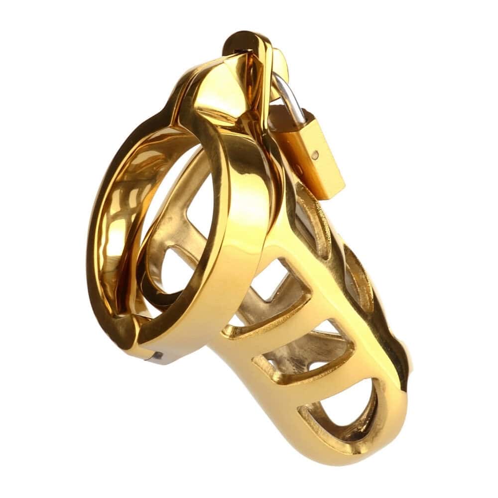 Cage de chasteté fabriquée en acier inoxydable de haute qualité et revêtue d’une finition dorée système de verrouillage avec cadenas et clé