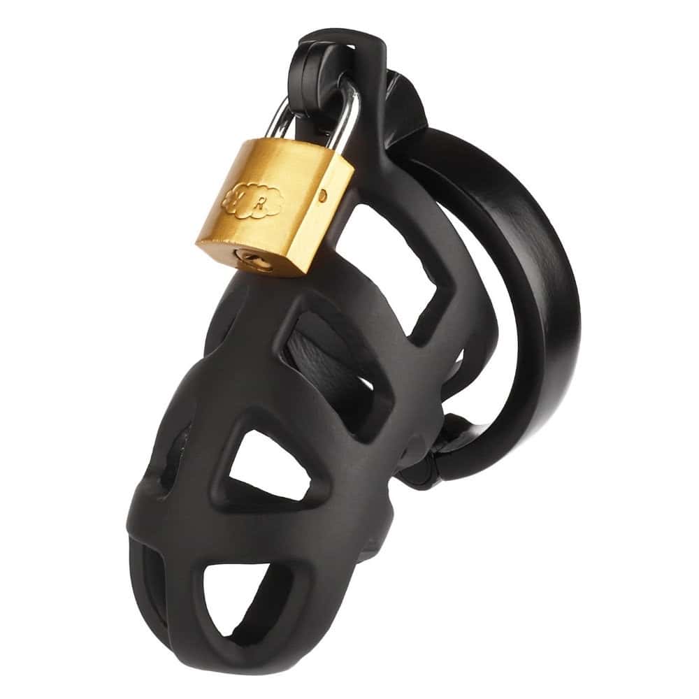 Packshot Cage de chasteté Acier inoxydable Noir système de verrouillage avec cadenas et clé