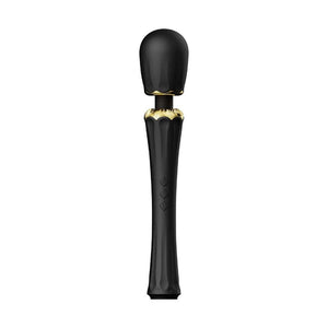 Packshot Wand Vibromasseur Noir en Silicone et palstique ABS Résiste aux éclaboussures 5 modes de vibration avec deux embouts en silicone inclus